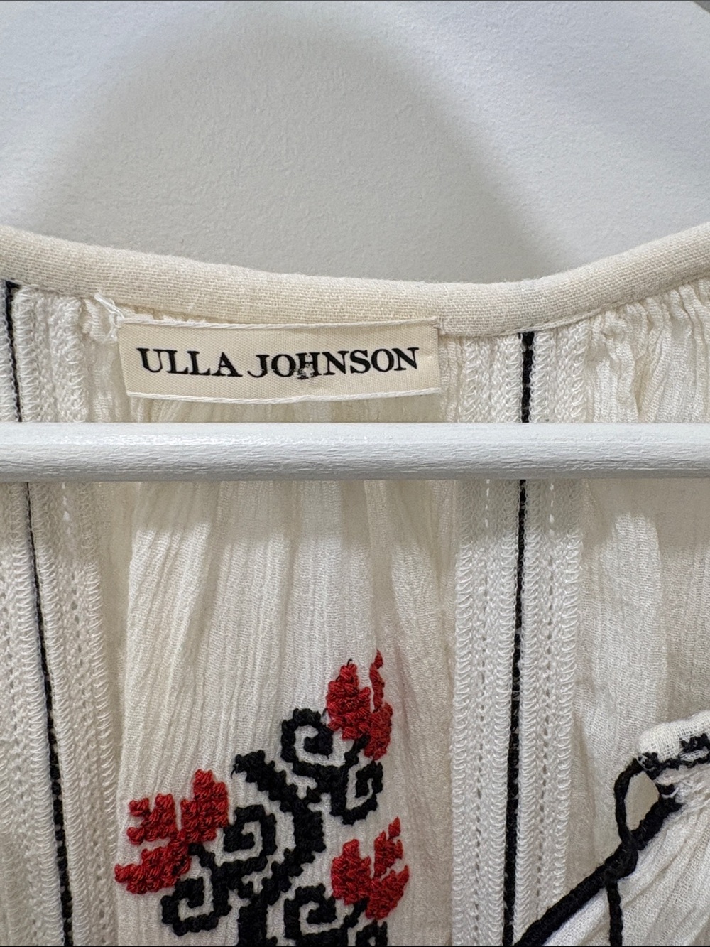 Ulla Johnson Cream Peasant mini drop waist dress with Red & Black Embroidery. - Picture 3 of 4